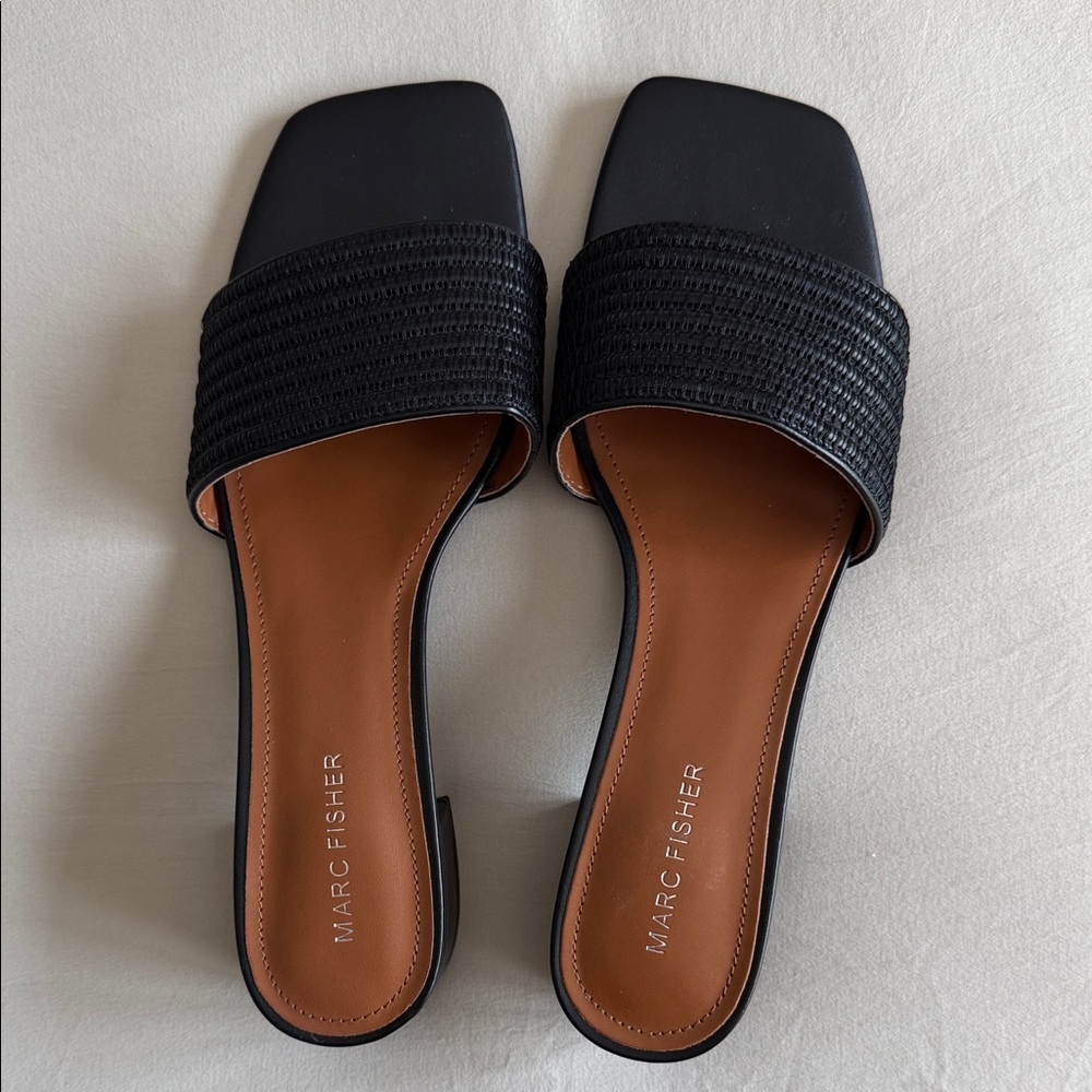 Marc Fisher Black Woven Band Slide Mules
